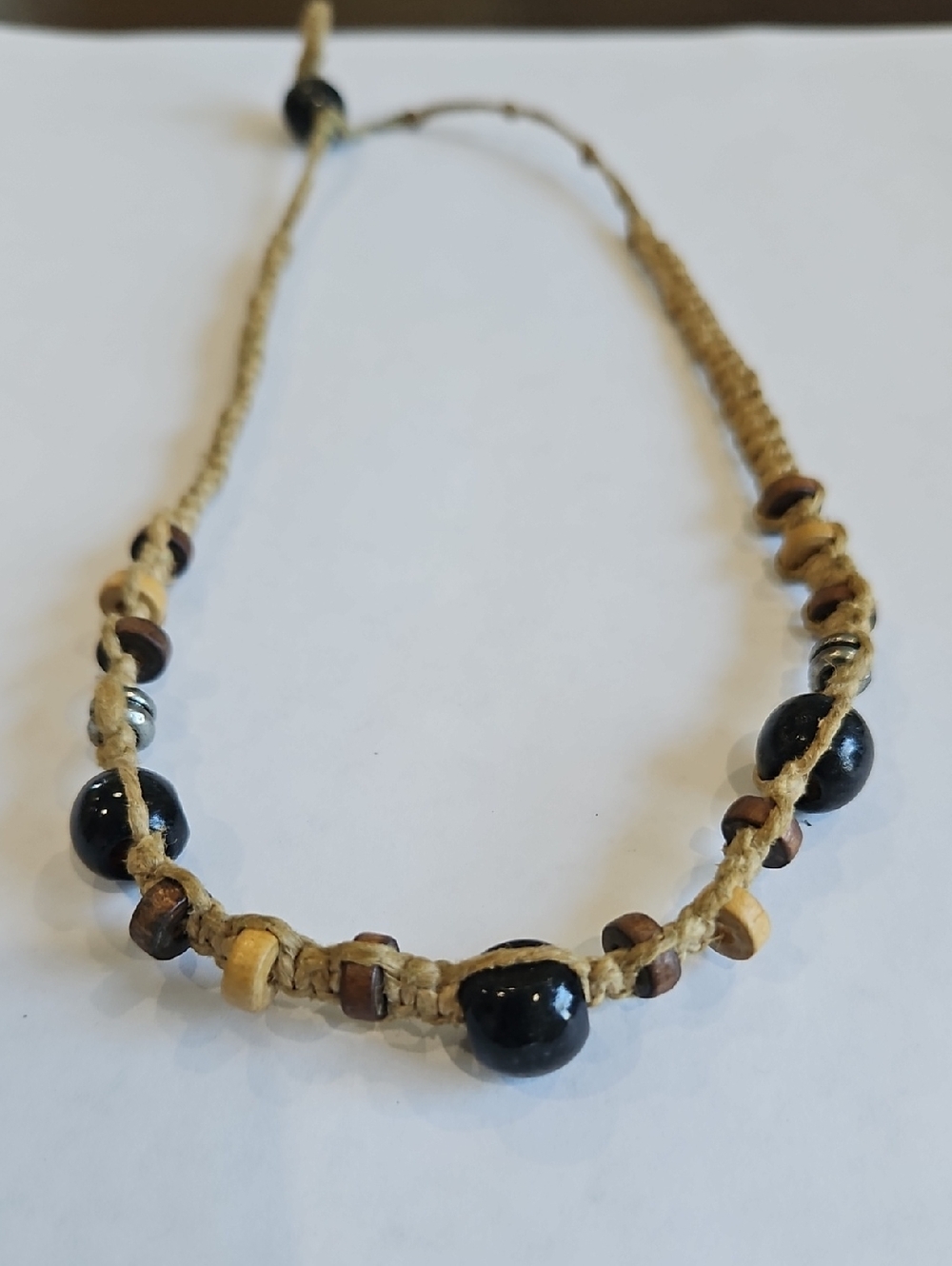 Beige Macramé Necklace with Black, Pewter, and Wood Beads